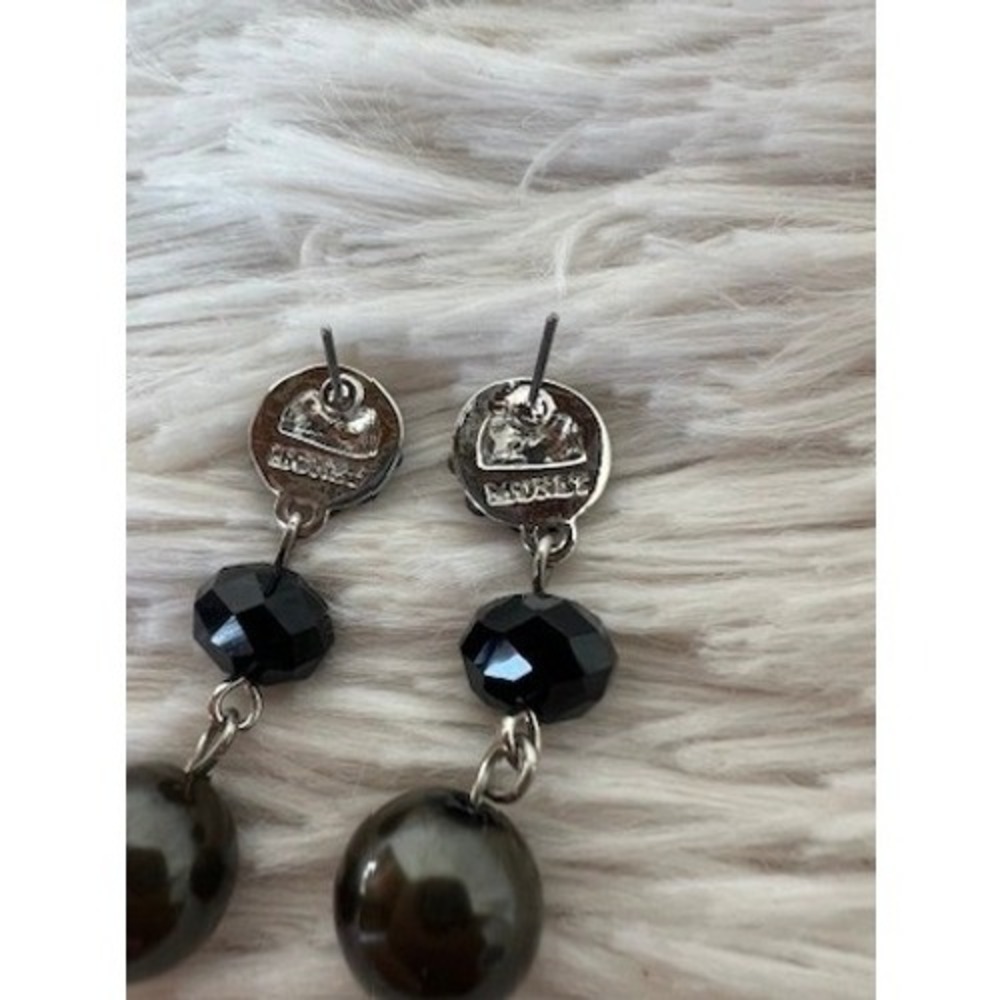 Monet Drop Earrings Black Silver Rhinestone Dangle Crystal Pearl Art Deco Glam - Picture 9 of 13